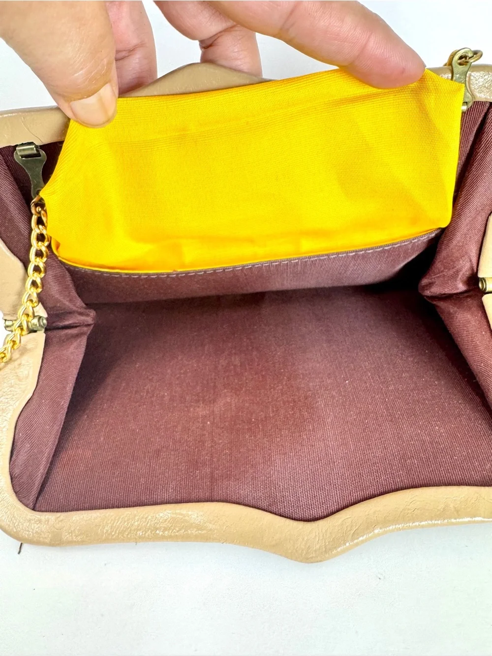 Vintage 1950s Ande Metallic Gold Leather Frame Clutch - Convertible Chain Strap